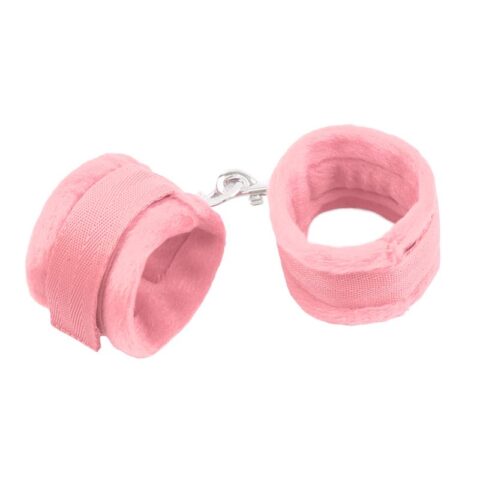 Handboeien met klittenband met lang bont roze