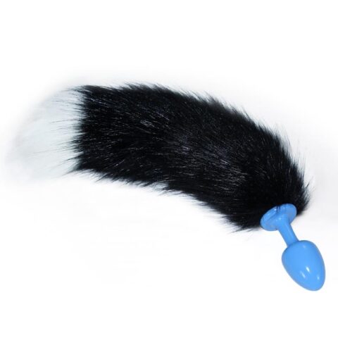 Plug anale in metallo blu con coda di volpe bianca e nera