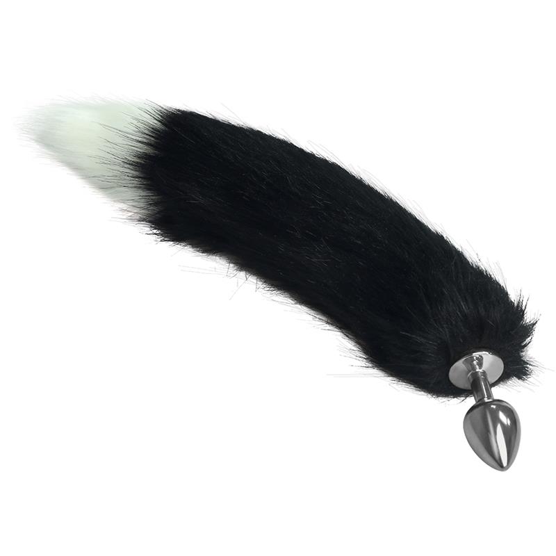metal butt plug with black and white fox tail