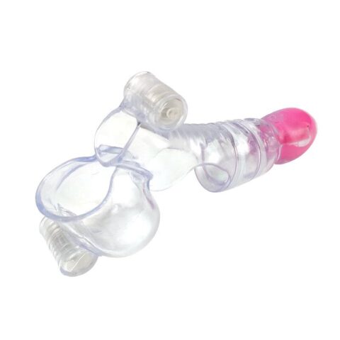 Funda vibradora para pene y testículos transparente.
