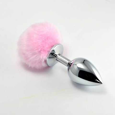 Metall-Buttplug mit rosafarbenem Pompon, Größe S