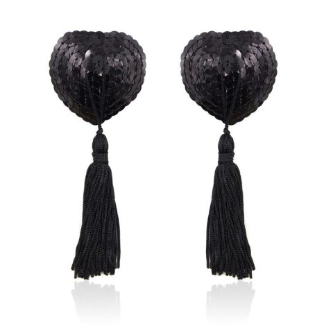 Cache-tétons autocollant en forme de cœur à paillettes avec pompon noir