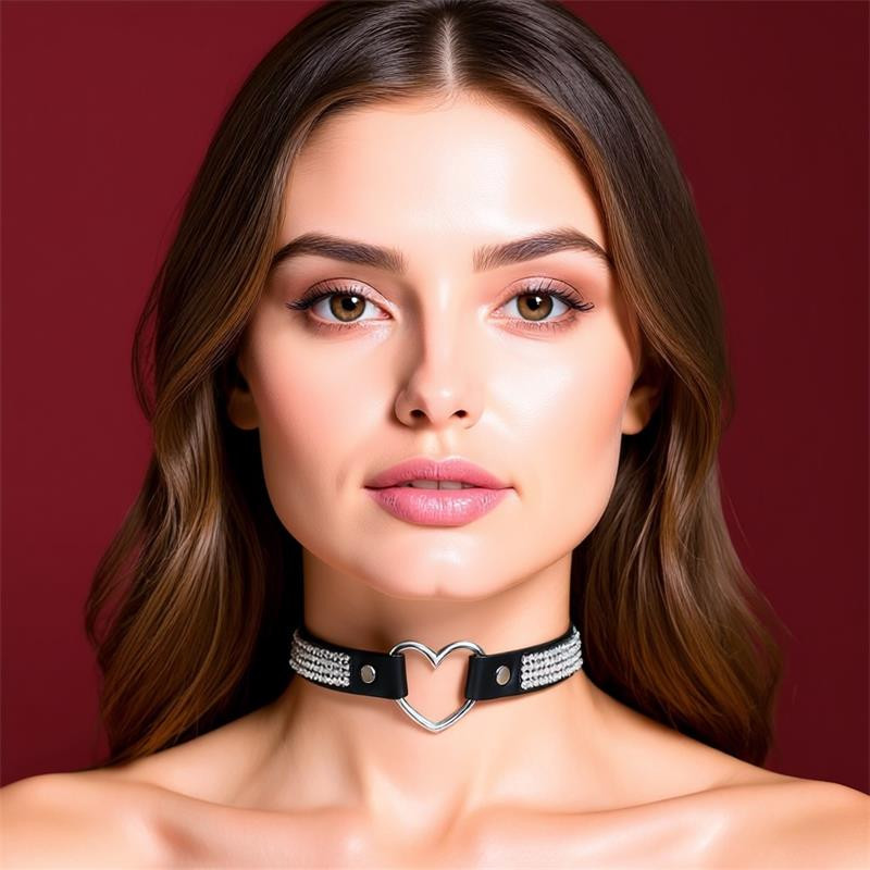 Collar with Heart and Rhinestones Choker Style Vegan Leather One Size Collar with Heart and Rhinestones Choker Style Vegan Leather One Size