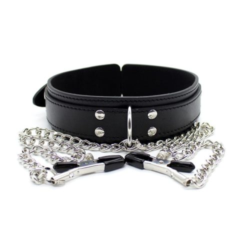 Remedia Amoris: The Antidote Against Taboos and the Remedy for Pleasure in Sexual Wellness Collar with Nipple Clamps and metal Chain Black