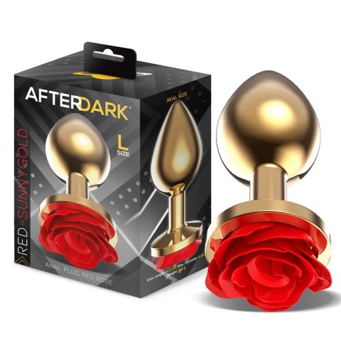 Golden Metal Anal Plug with Red Rose Base Size L