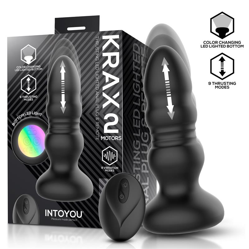 Krax Butt Plug with Vibration, Thrusting, Led Light and Remote Krax Butt Plug with Vibration