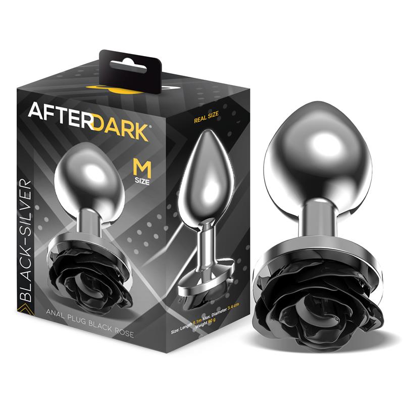 Plug anale in metallo con base a rosa nera, taglia M Metal Anal Plug with Black Rose Base Size M