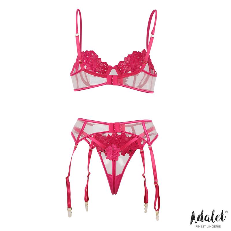 Nora bra, thong, and garter belt Set with Flowers Fuchsia and garter belt Set with Flowers Fuchsia