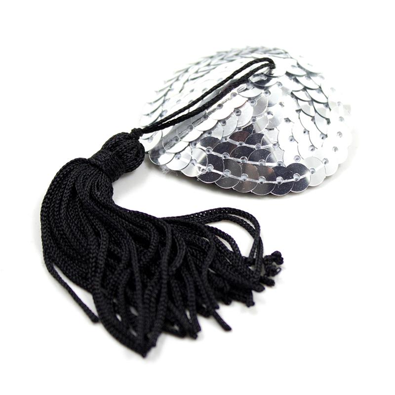Self-Adhesive Heart Sequin Nipple Cover with Tassel Silver/Black Self-Adhesive Heart Sequin Nipple Cover with Tassel Silver/Black - Image 2