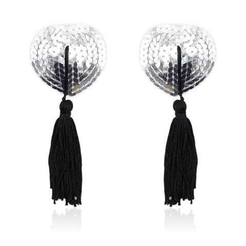 Self-Adhesive Heart Sequin Nipple Cover with Tassel Silver/Black