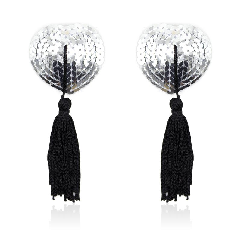 Self-Adhesive Heart Sequin Nipple Cover with Tassel Silver/Black Self-Adhesive Heart Sequin Nipple Cover with Tassel Silver/Black