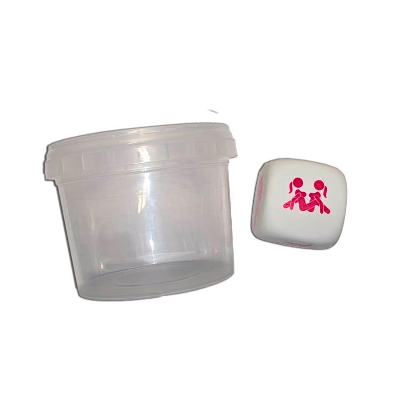 Dadi bianchi con posizioni in un barattolo di plastica per ragazze White Position Dice in a Plastic Jar for Girls