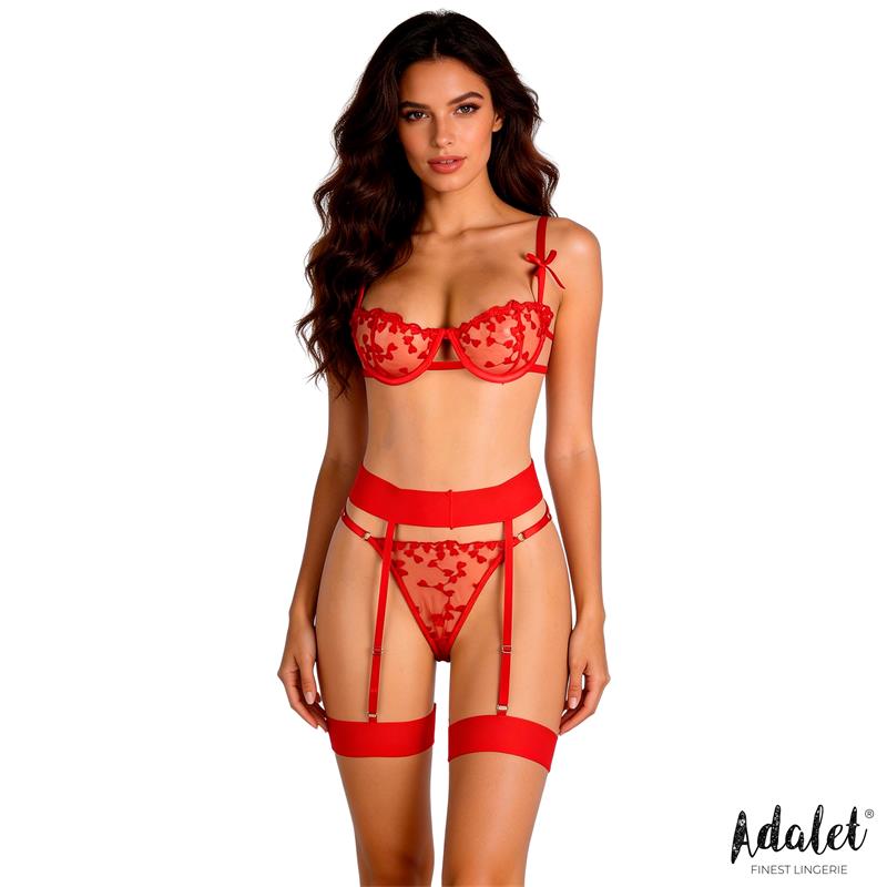 Completo reggiseno, perizoma e reggicalze Yvonne con cuori rossi Yvonne bra